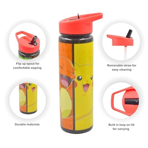 HOX Pokémon Water Bottle 600ml – Pikachu & Squirtle Design, Leak Proof Flip‑Up Spout, Secure‑Seal Lid with Carry Loop, BPA‑Free Kids & Adults Drinks Bottle (Pack of 2) — view 2