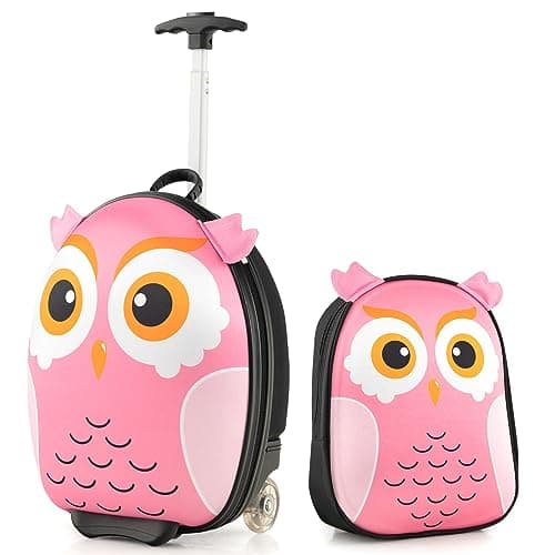 GYMAX 2Pcs Kids Luggage Set, 12" Backpack & 16" Children Hardshell Suitcase with Wheels, Toddler Carry On Luggage Set Boys Girls Trolley Case for Travel School