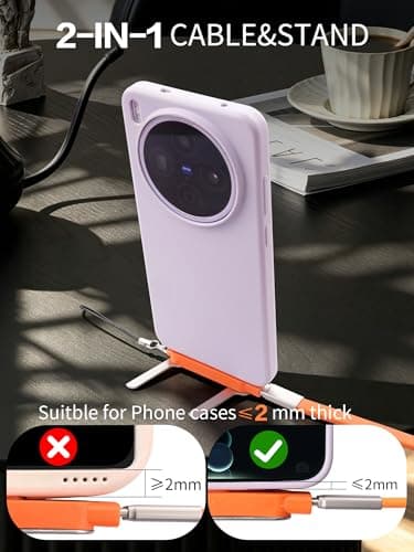 YACSEJAO 4.9FT Detachable 2-in-1 USB C Invisible Stand Charging Cable 240W 90 Degree USB C to USB C Flat Silicone Charger Cable Built-in Phone Stand for Gaming,Office,Car,Travel (Orange) — view 3