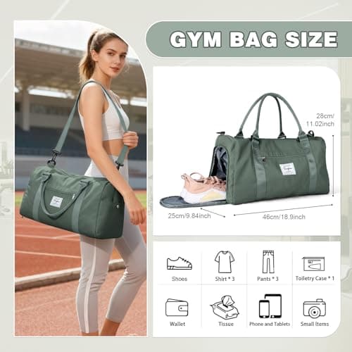 WEPLAN Gym Bag Womens Men Sports Fitness Bags Weekend Overnight Bag Travel Duffle Bags for Women with Shoes Compartment Wet Pocket,Holdall Hospital for Swimming Carry on Hand Luggag,A5-Army Green — view 3