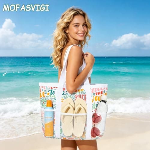 MOFASVIGI Waterproof Mesh Beach Bag Women with Pockets Foldable — view 2