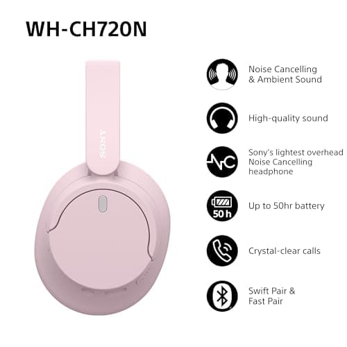 Sony WH-CH720N Wireless Bluetooth Noise Cancelling Over-Ear Headphones, Sound, Ambient Sound Mode, Lightweight Design, up to 50 hr battery life, iOS & Android - Pink — view 2
