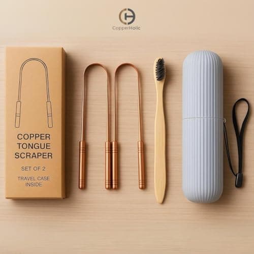 Copperholic 2-Pack Copper Tongue Scraper Set – Pure Copper Tongue Cleaner Kit with Bamboo Toothbrush with Charcoal Bristles & Travel Case – Daily Oral Hygiene Tool for Men & Women — view 6