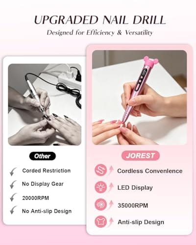 JOREST Cordless Electric Nail Drill, 13-in-1 Nail File Kit with LED Display, 35,000 RPM 6-Speed Rechargeable Manicure Tool for Acrylic Gel Nails, with Bits & Sanding Bands for Beginners, Rose Pink — view 3