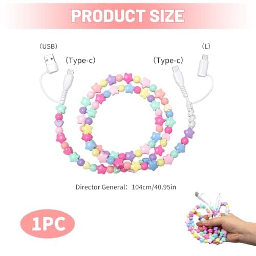 PaYuanRaoTi Beaded Phone Charger 4-in-1 Multi Charging Cable 1M, Fast 66W USB C Charger Cable with USB C to USB C 1M & USB/iOS Connectors, Cute Beaded Charger for Android Devices — view 2