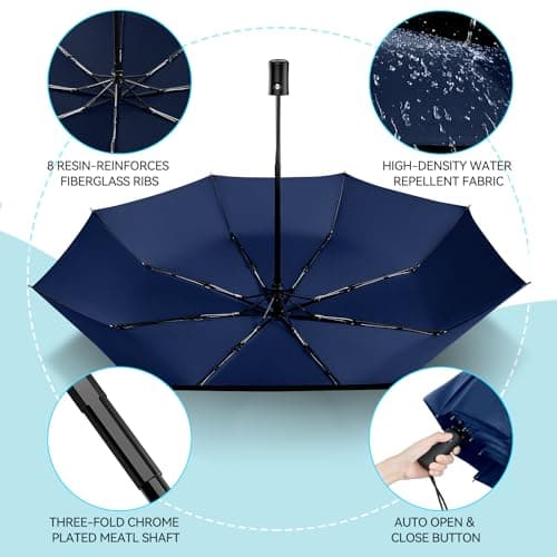 TechRise Umbrella, Compact Strong Windproof Automatic Umbrellas, Folding Lightweight, Portable Travel Golf Umbrella for Rain, Blue — view 3