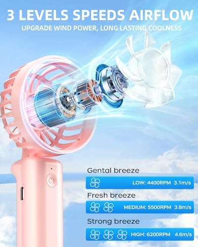Hssio Portable Handheld Fan, Mini Desk Fan Foldable 1800mAh, 180° Ratotion, 3 Speeds, Ultra Quite, Up to 8H Long Use Time, Small Personal Cooling Fans Makeup Eyelash Fan for Women Girl, Rose Pink — view 3