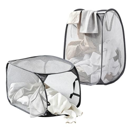 2 Pack Foldable Mesh Laundry Baskets, Collapsible Washing Bag with Handles & Side Pocket, Large Capacity Dirty Clothes Basket for Bedroom, Bathroom, Kids Room Student Dorm Travel