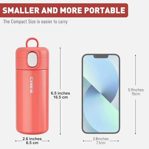 Exllena 300ml Small Water Bottle with One-Touch Soft Straw Lid, Double-Wall Vacuum Insulated Small Flask for Hot&Cold Drinks–Leak-Proof, Mini Water Bottle for Handbag, Yoga, Sport (Coral Red) — view 2