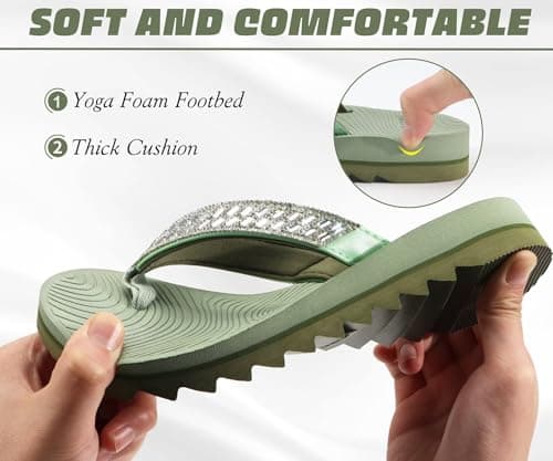 KuaiLu Womens Orthopedic Flip Flops with Arch Support Yoga Mat Cushion Fashion Rhinestone Sandals Summer Walking Beach Travel Thong Slides Comfy Plantar Fasciitis Indoor Outdoor Sandles Green 6.5 — view 5