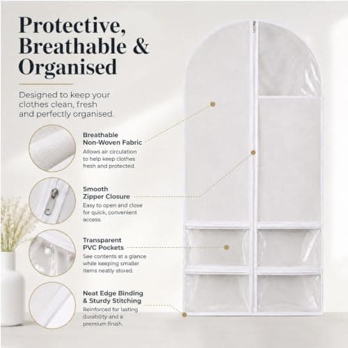 2 Pcs Dance Costume Bag, 60×120cm Foldable Dress Bag with Zipper Pockets, Clothes Covers Protector Bags, Waterproof Garment Bags for Hanging Clothes, Travel Suit Cover for Dancers Competitions, White — view 3