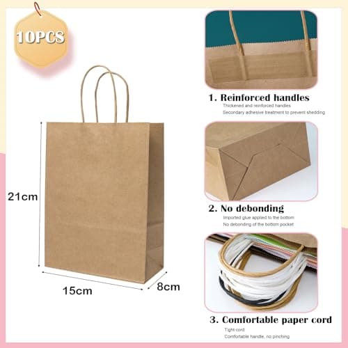 SHUBEIEUMI 10Pcs Kraft Paper Bags with Handles-Brown — view 2