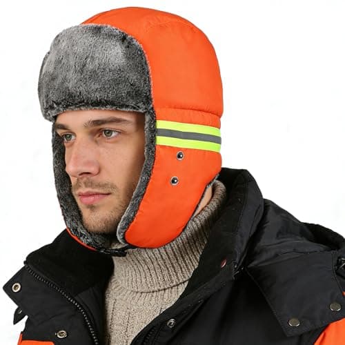 SIQITECHUK Unisex Reflective Trapper Hat with Detachable Mask Windproof Winter Warm Hat Thermal Faux Fur Trooper Hat for Skiing Hiking Cycling Camping (UK, Alpha, One Size, Orange) — view 2