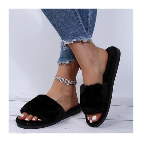 MTKSFDC Open Toe Slippers Women Winter Women Winter House Slippers Non-Slip Casual Indoor Flats Floor Shoes Ladies Flip Flops Warm Shoes Solid Colors Ladies Slider Slippers(Burgundy,38-39) — view 6