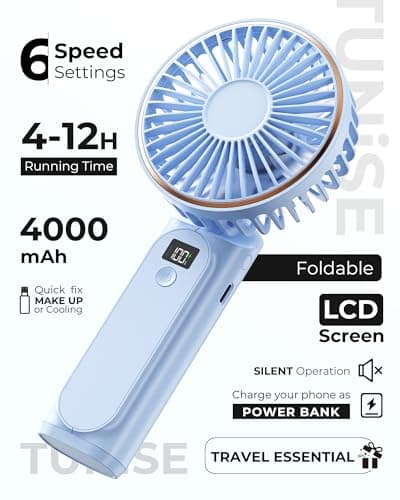 TUNISE Portable Fan, Rechargeable Handheld Fan, 4000mAh, 180° Adjustable, 6 Speed Wind, Display Electricity in Real Time, Foldable, Quiet Personal Fan as Power Bank — view 2