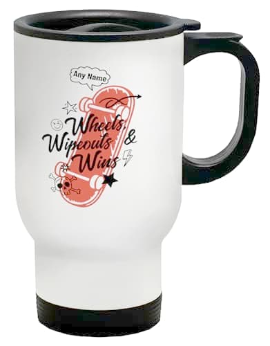 Shopagift Personalised Funny Skater Wheels Wipeouts & Wins Travel Mug Stainless Steel 14oz Cup