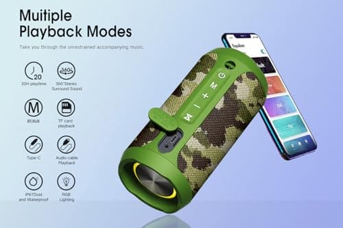 EDUPLINK Bluetooth Speaker, Portable Wireless Speakers, Waterproof IPX7 Speaker, TWS Pairing Stereo, Long Playtime for Home, Travel, Camo — view 4