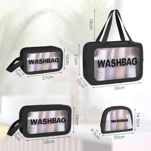 Aucuu 4PCS Clear Toiletry Bag, Wash Bag, Clear PU Makeup Bags, Waterproof Toiletry Travel Bags with Zipper Handle, Portable Airport Cosmetic B-ag for Travel Bathroom Men Women (Black) — view 2
