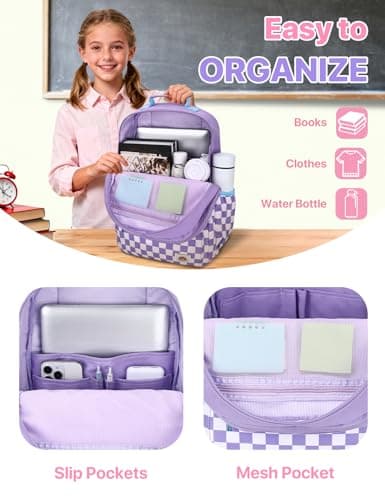 VASCHY School Bag, Lightweight Classic Cute Aesthetic Bookbag Daypack for Teen Girls Traveling/Gym/Middle School Black Lavender Plaid — view 3