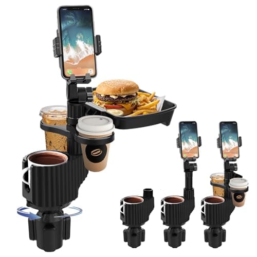 Figtacico Car Cup Holder Tray - 5 in 1 Adjustable Car Cup Holder Expander with Food Tray Table and Phone Mount for All Purpose, Automotive Essentials for Driver and Front Passenger