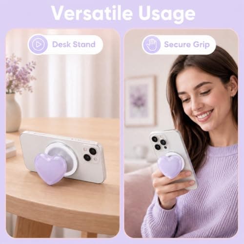 Magnetic Phone Grip, Purple Heart Pop Socket with Metal Ring Detachable Expandable Kickstand Ring Holder for Magsafe Adjustable Hand Holder Compatible with iPhone Smartphones E-readers — view 6
