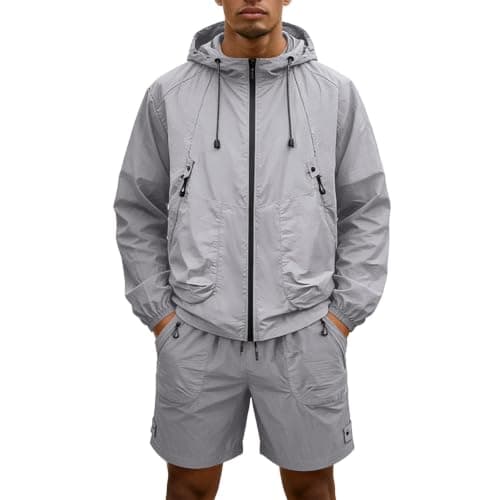 Mens Tracksuit 2 Piece Rain Jacket Cargo Shorts Set Waterproof Windbreaker