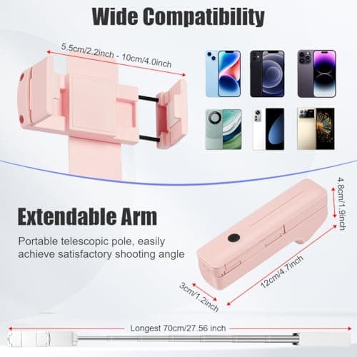 Adiwo Portable Pocket Selfie Stick, Extendable Mini Selfie Stick for 4-7" Phones, with Wireless Remote Control Button, Extends from 12-70cm, 109g Lightweight, for Live Streaming,Vlog,Content Creation — view 2