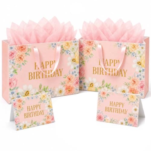 OMBRISA Birthday Gift Bag for Present 2Pcs, Happy Birthday Party Present Bags with 6 Tissue Paper and 2 Greeting Card, Luxury Paper Gift Bags, Pink Wrap Wrapping Bag for Girl Women Gift (30x12x22cm)