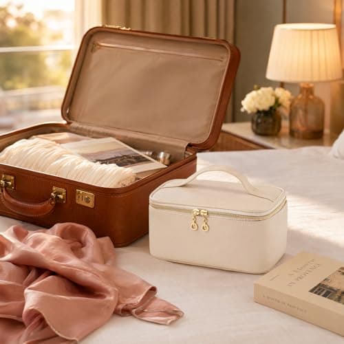 Large Makeup Bag with Compartments for Women, Beige Travel Cosmetic Pouch, Portable Toiletry Organizer Case for Skincare and Beauty Essentials — view 5