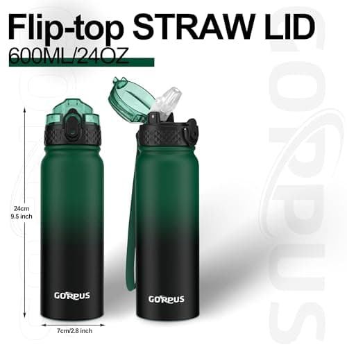 GOPPUS 600ml/20oz Stainless Water Bottle with Straw Double Wall Insulated Bottles with Strap One Hand Open Vacuum Thermal Flask with Flip Top Lid Leakproof Keep Cold Drinks BPA Free (Green Black) — view 4