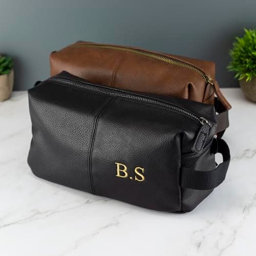 Personalised Embroidered Mens PU Leather Wash Bag with Strap Black or Brown - Mens Vegan Leather Toilet Bag Embroidered with Initials (Black) — view 2