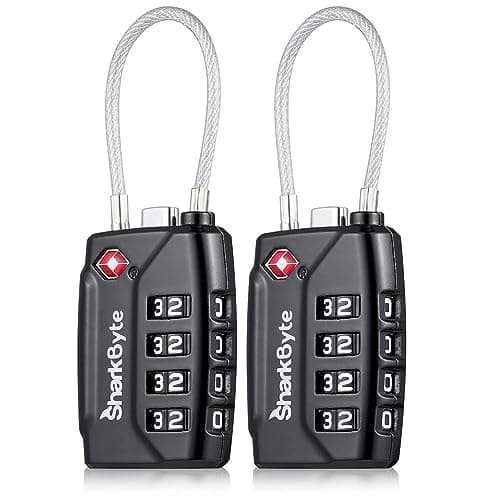 SharkByte TSA Approved Suitcase Locks - 4-Dial Security Travel Combination Padlock, Flexible Cable Wire Travel Lock for Suitcases, Luggage Locks, Travel Bag Gym Locker Small PadLock with code (2 Pack)
