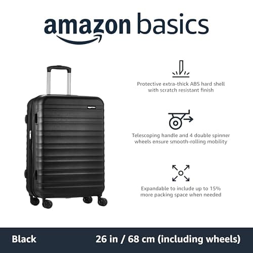 Amazon Basics Hard Shell Medium Suitcase - Expandable ABS Travel Luggage with 4 Double Spinner Wheels - Scratch Resistant and Lightweight Construction - 68 x 45.1 x 28.6cm - Black — view 2