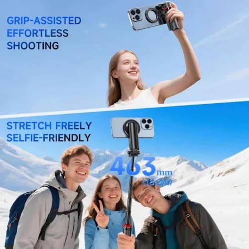 Mini Magnetic Selfie Stick Tripod,18.2" Extendable Phone Mount for MagSafe, 360°Rotation Travel Stand with Rechargeable Remote&Hand Grip Mode, Compatible with iPhone&Android,Video Recording — view 6