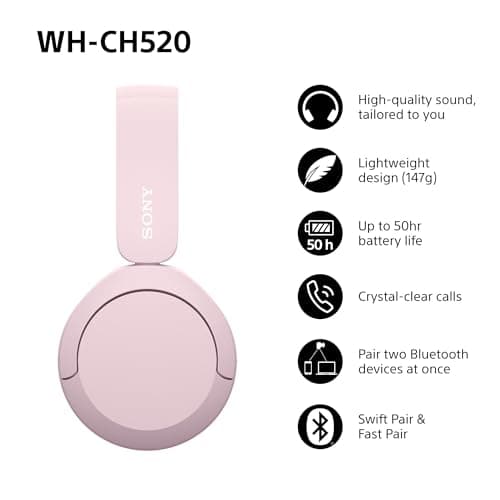 Sony WH-CH520 Wireless Bluetooth On-Ear Headphones, Sound, Lightweight Design, Up to 50hr Battery Life, Quick Charge, EQ, Clear Call Quality, iOS & Android - Pink — view 2