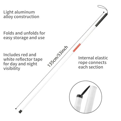 Blind Stick, 135cm/53in White Cane, Aluminium Alloy Folding Walking Stick Reflective Walking Cane Red White Collapsible Guide Walking Stick with Strap for The Blind And Vision Impaired — view 3