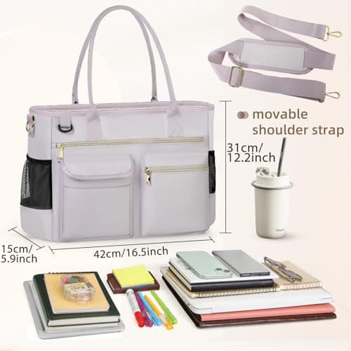 RAINSMORE Laptop Tote Bags for Women 15.6 inch Teacher Bag Large Nurse Utility Bag Computer Messenger Briefcase with Insulated Pocket for Work School Office Business University Grey Pink — view 6
