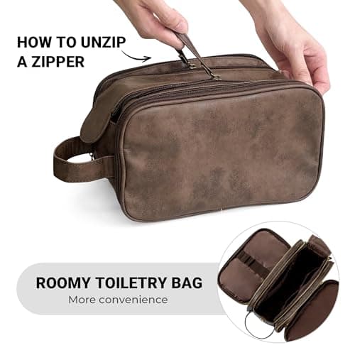 Water-Resistant Leather Toiletry Bag for Men, Women Large Travel Wash Bag Shaving Dopp Kit Bathroom Gym Toiletries Makeup Organizer with Free Wet Dry Bag (Chocolate) — view 5