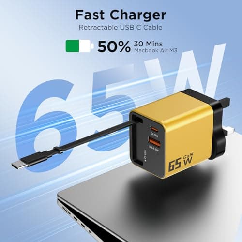 65W USB C Charger, GaN Fast Charging Plug with Retractable USB C Cable 0.7m, 2 USB C + USB A Ports, Compatible with MacBook Pro Air, iPhone 17 16 15 Pro Max, iPad, Samsung Galaxy S25 Ultra S24 — view 2