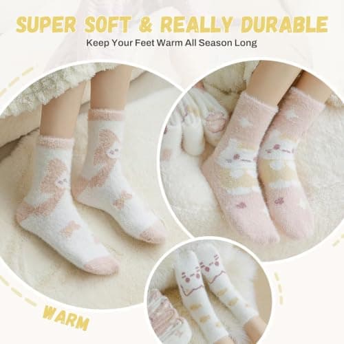 Sillictor 5 Pairs Thermal Socks for Women and Girls,Thick Warm Fluffy Socks Womens 4-7 Ladies Slipper Socks Fleece Cosy Bed Socks Soft Animal Socks for Sleep Walking 23016 23009 Pink Cat — view 6