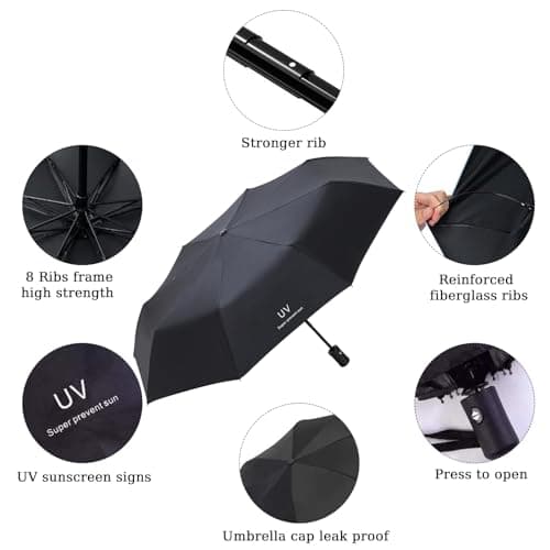 Senshuomy Windproof Travel Umbrella with 8 Sturdy Ribs,Compact and Foldable,One-Touch Automatic Opening and Closing Handle,Lightweight,Strong,and Portable(Black) — view 4