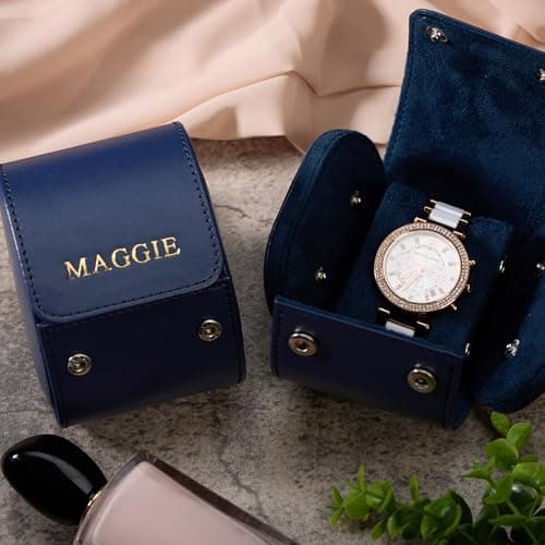 Personalised Single Watch Roll Travel Case, Blue PU Leather, 55mm Width, 8 x 10 x 7 cm — view 5