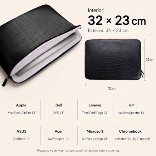HUADO 13-13.6" Laptop Sleeve, PU Leather Crocodile Case for MacBook Air/Pro — view 2