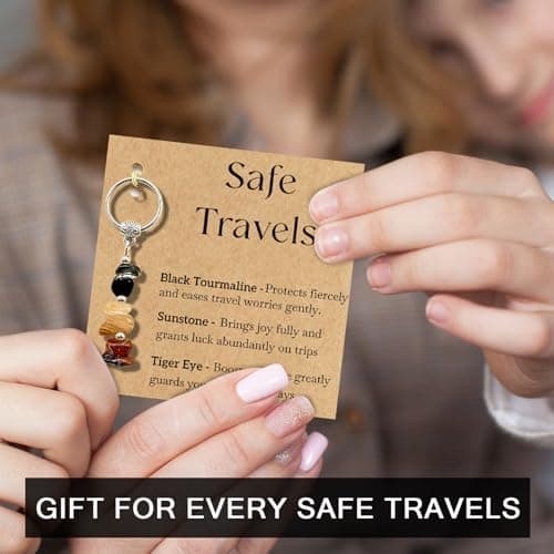 AIKOBAA Safe Travels Crystal Gift Set, Crushed Stone Keychain with Black Tourmaline Sunstone Tiger Eye, Good Luck Charm for Luggage Backpack, Bon Voyage Present for Women Men, Journey Blessing Card — view 4
