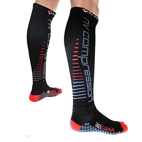 NV Compression 365 Cushion Socks – Black – Compression Sports Socks – for Running, Cycling, Triathlon, Gym (Bk/Red Stripes, XL)