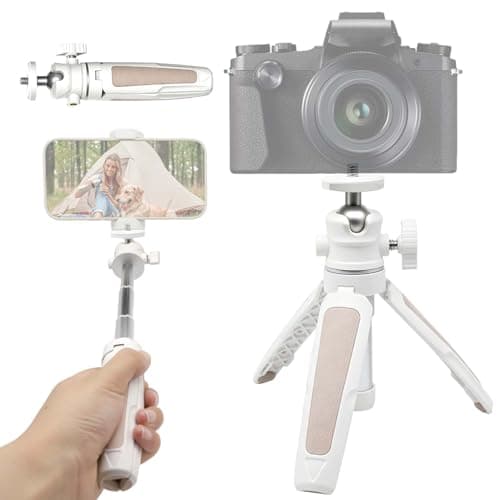 Mini Tripod with Phone Holder, Portable Extendable Tripod for Vlogging & Travel, Desk Camera Stand with 1/4" Screw & 360° Ball Head for DJI Action, Sony, Canon, Leica, Fujifilm (White)