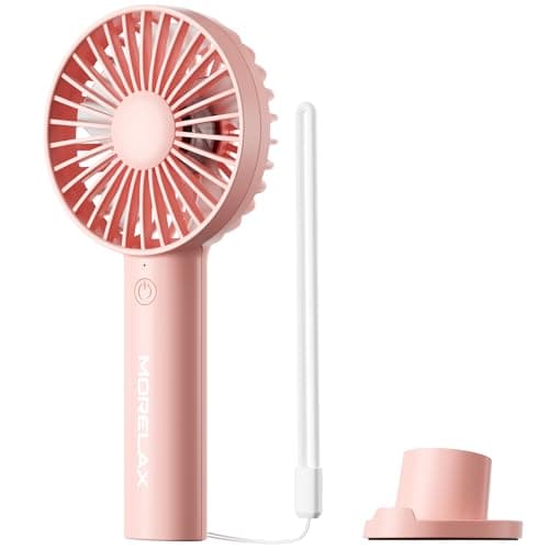 Morelax Handheld Fan, USB Rechargeable Mini Portable Fan with Base, 10H Battery, Strong Wind, Small & Powerful, Cute Design for Travel, Makeup, Girls Women Summer Gift (Pink)