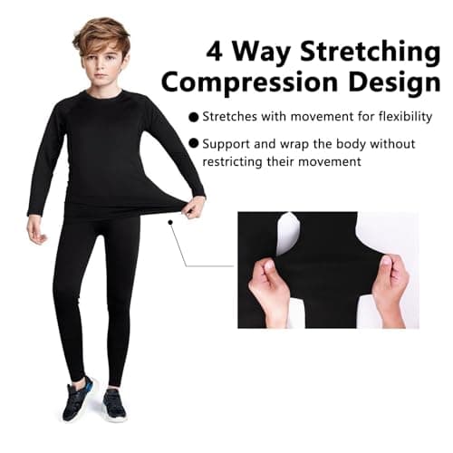 JiaYouLC Kids Base Layer Sets Thermal Compression Long Sleeve Top & Tights Winter Sports Warm Football Skins for Boys Girls Athletic Gym (Black, 9-10 Years) — view 4