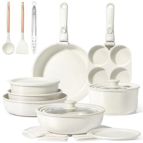 GiPP 21PCS Pots and Pans Set Non Stick,Granite Nonstick Kitchen Cookware Set with Detachable Handle, PFAS & PFOA Free, RV Cookware Set for Camping, Oven Safe(White,21PCS-Small Size)
