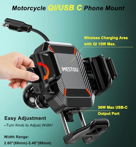 iMESTOU Motorcycle Phone Mount with Wireless Charger 15W & USB-C Port 36W, Shock Absorption 1" Ball Mount Fits for 5.4"-7.2" Phones Up to 15mm Thick, Works with 12-24V Vehicles (without mounting base) — view 6